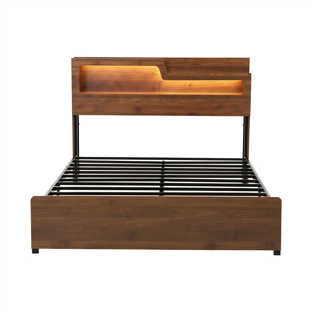 Artiss Double Bed Frame Metal with Charging Station LED Light Storage Shelf