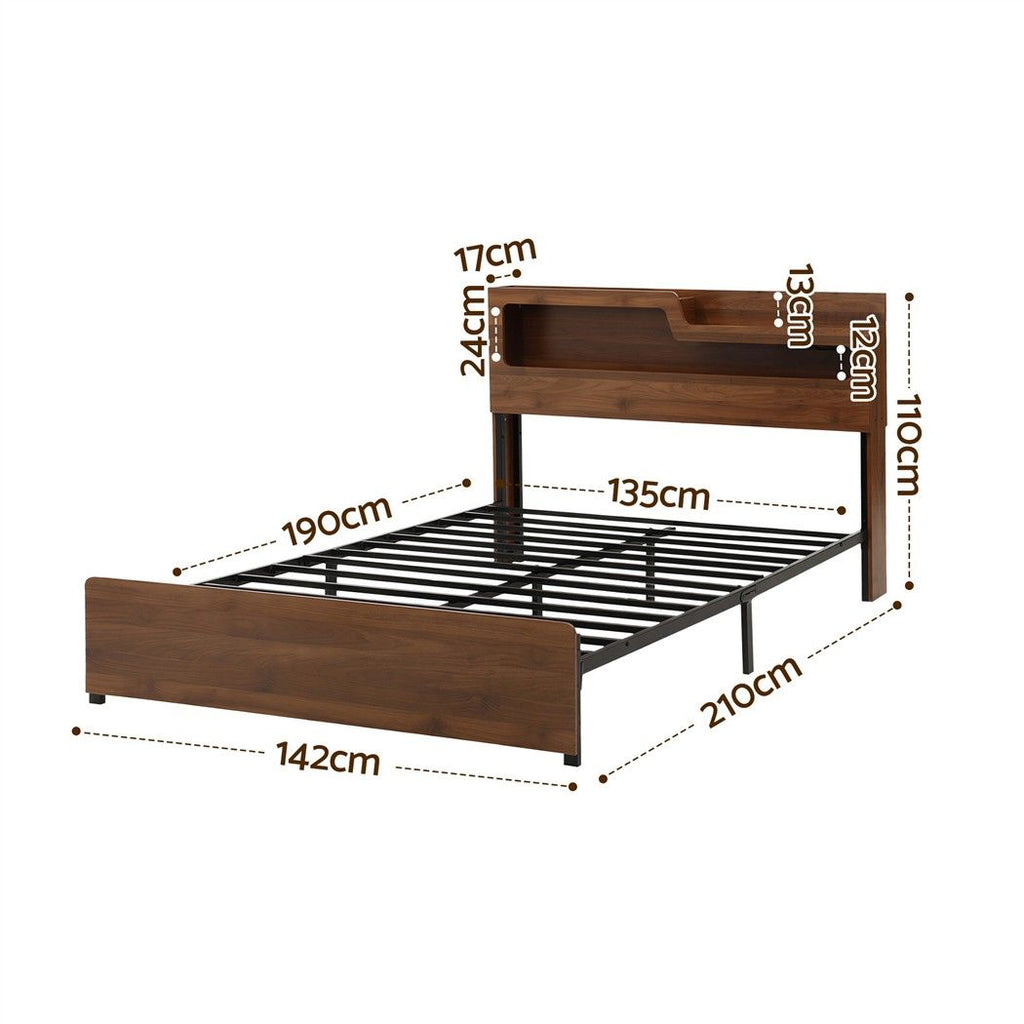 Artiss Double Bed Frame Metal with Charging Station LED Light Storage Shelf