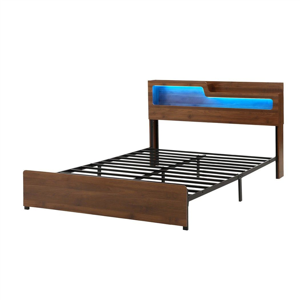 Artiss Double Bed Frame Metal with Charging Station LED Light Storage Shelf