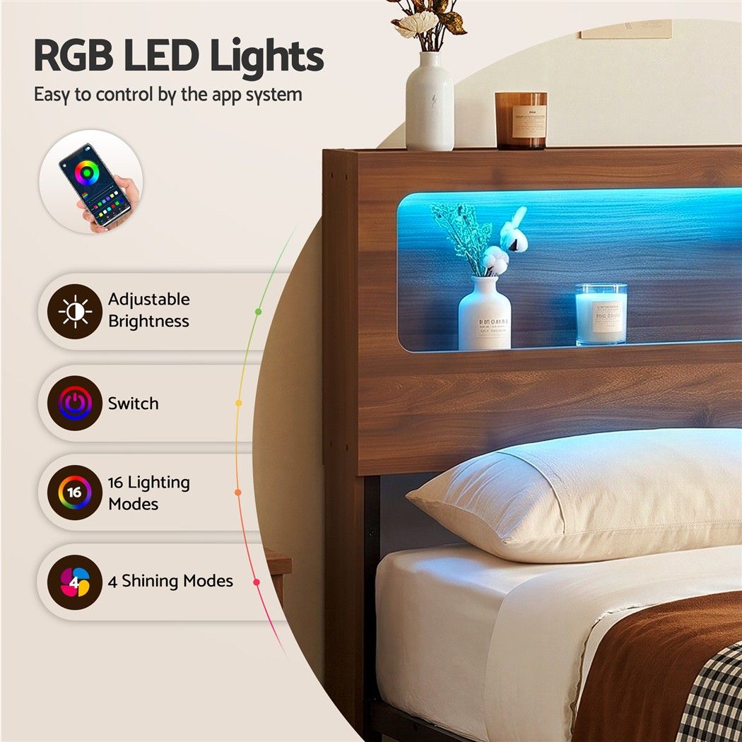 Artiss Double Bed Frame Metal with Charging Station LED Light Storage Shelf