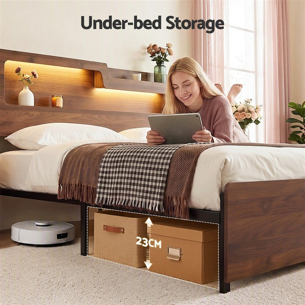 Artiss Double Bed Frame Metal with Charging Station LED Light Storage Shelf
