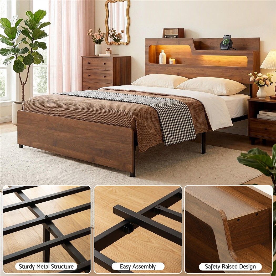 Artiss Double Bed Frame Metal with Charging Station LED Light Storage Shelf