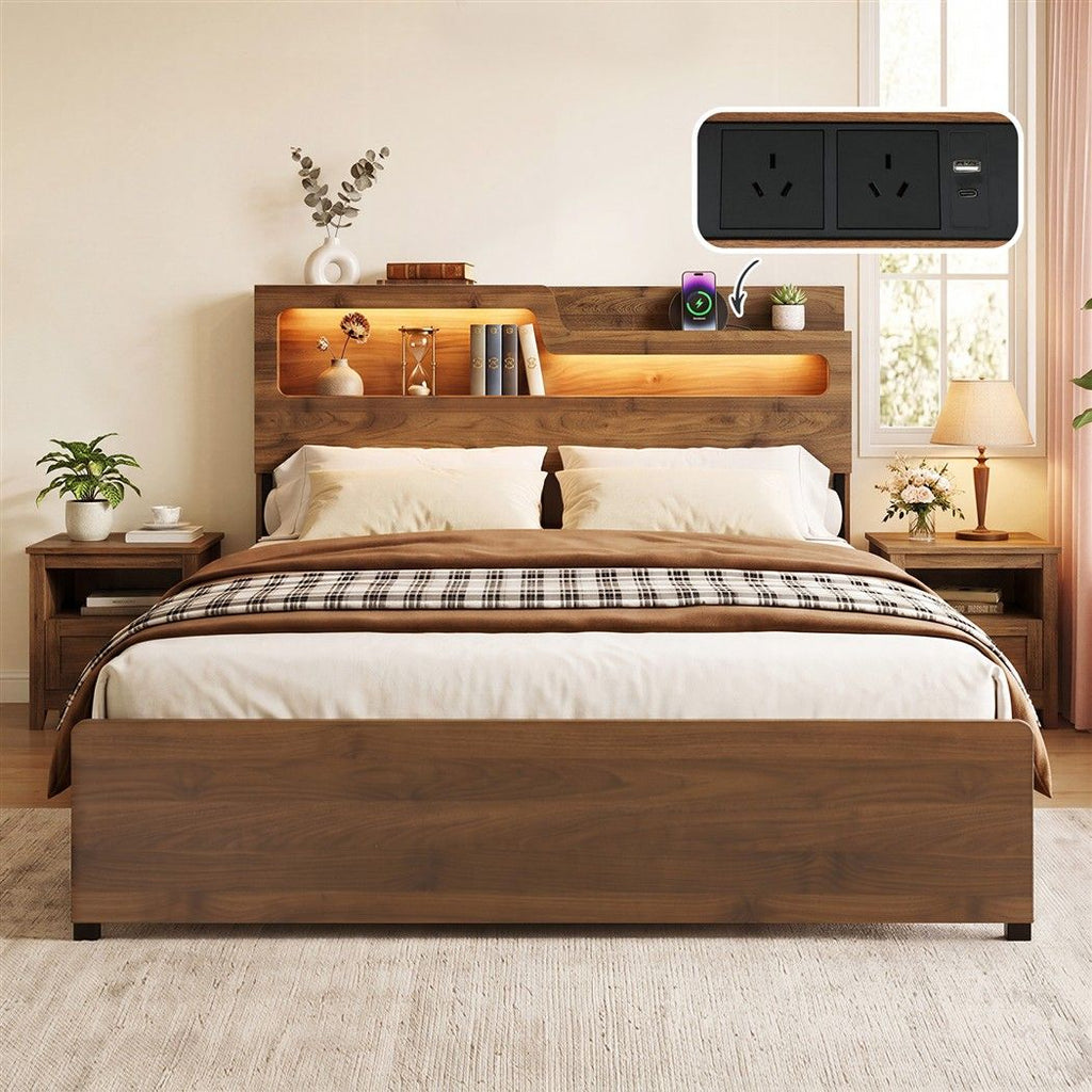 Artiss Queen Bed Frame Metal with Charging Station LED Light Storage Shelf