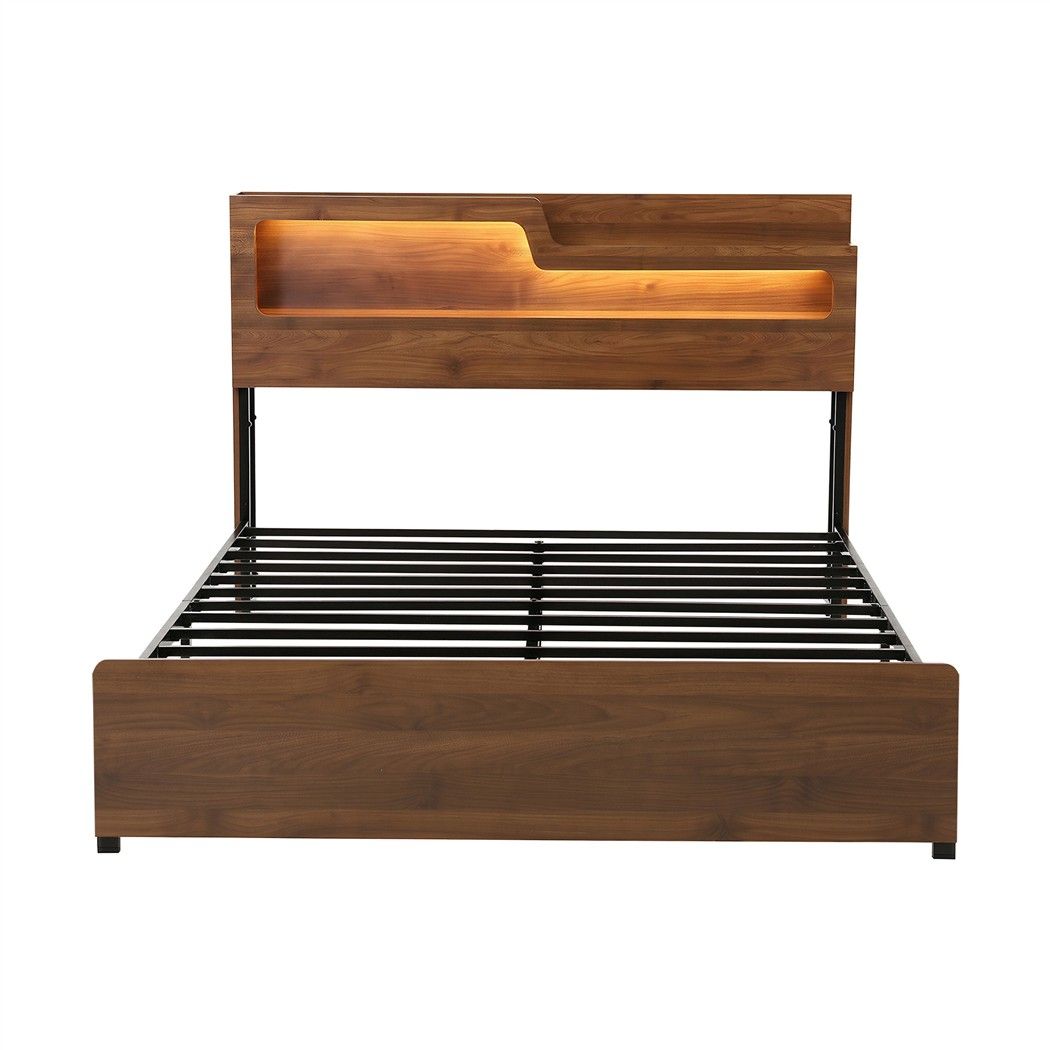 Artiss Queen Bed Frame Metal with Charging Station LED Light Storage Shelf