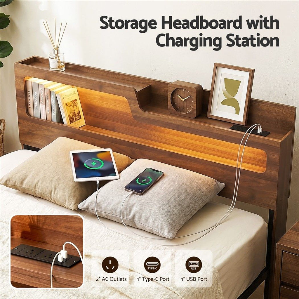 Artiss Queen Bed Frame Metal with Charging Station LED Light Storage Shelf