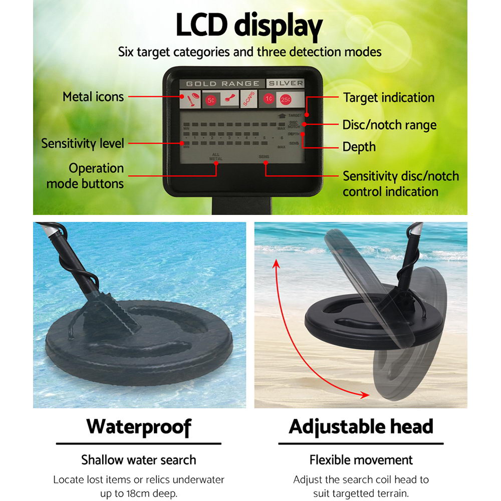 Detector de metales de 180 mm de profundidad, sensible, resistente al agua, buscador de tesoros y oro