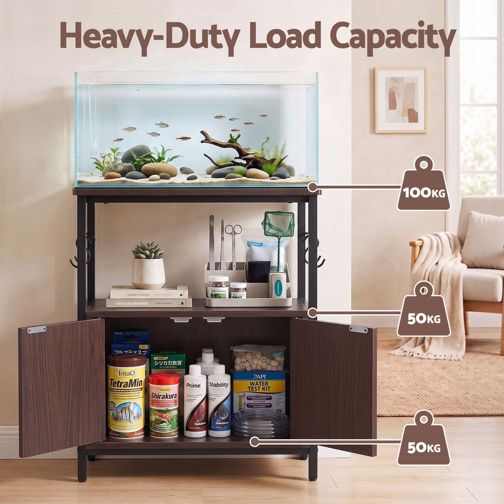 Artiss 20 Gallon Fish Tank Stand 3-Tier Aquarium Stand with Storage Cabinet and Open Shelf Walnut