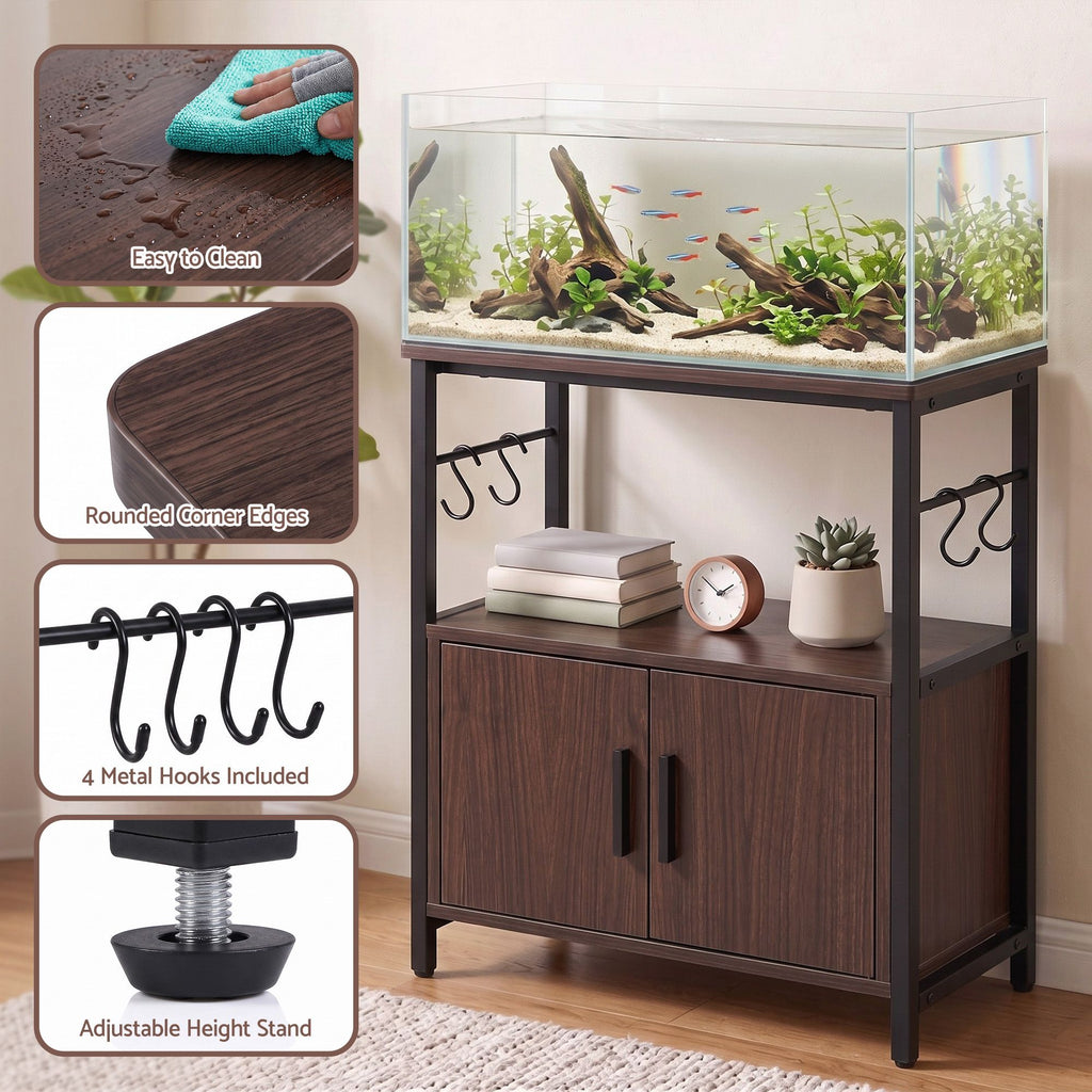 Artiss 20 Gallon Fish Tank Stand 3-Tier Aquarium Stand with Storage Cabinet and Open Shelf Walnut