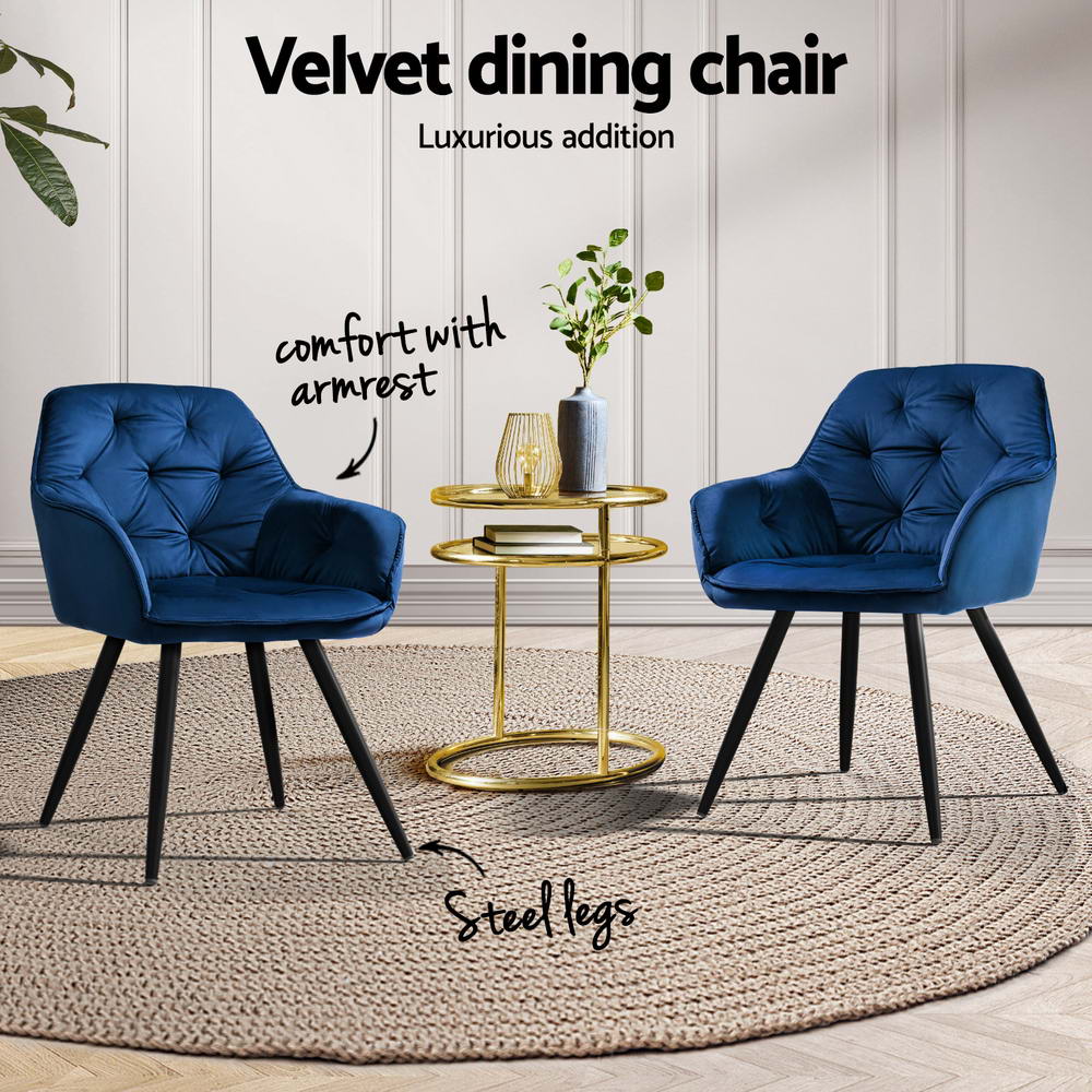 Artiss Dining Chairs Set of 4 Velvet Diamond Tufted Armchair Blue