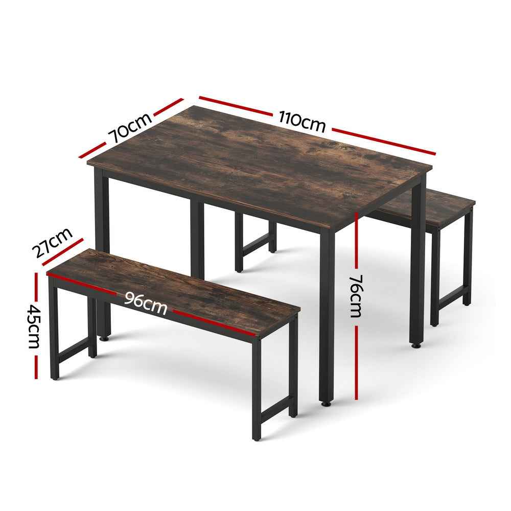 Artiss Dining Table and Chairs Set 3PCS Kitchen Metal Desk Bench Dark Walnut
