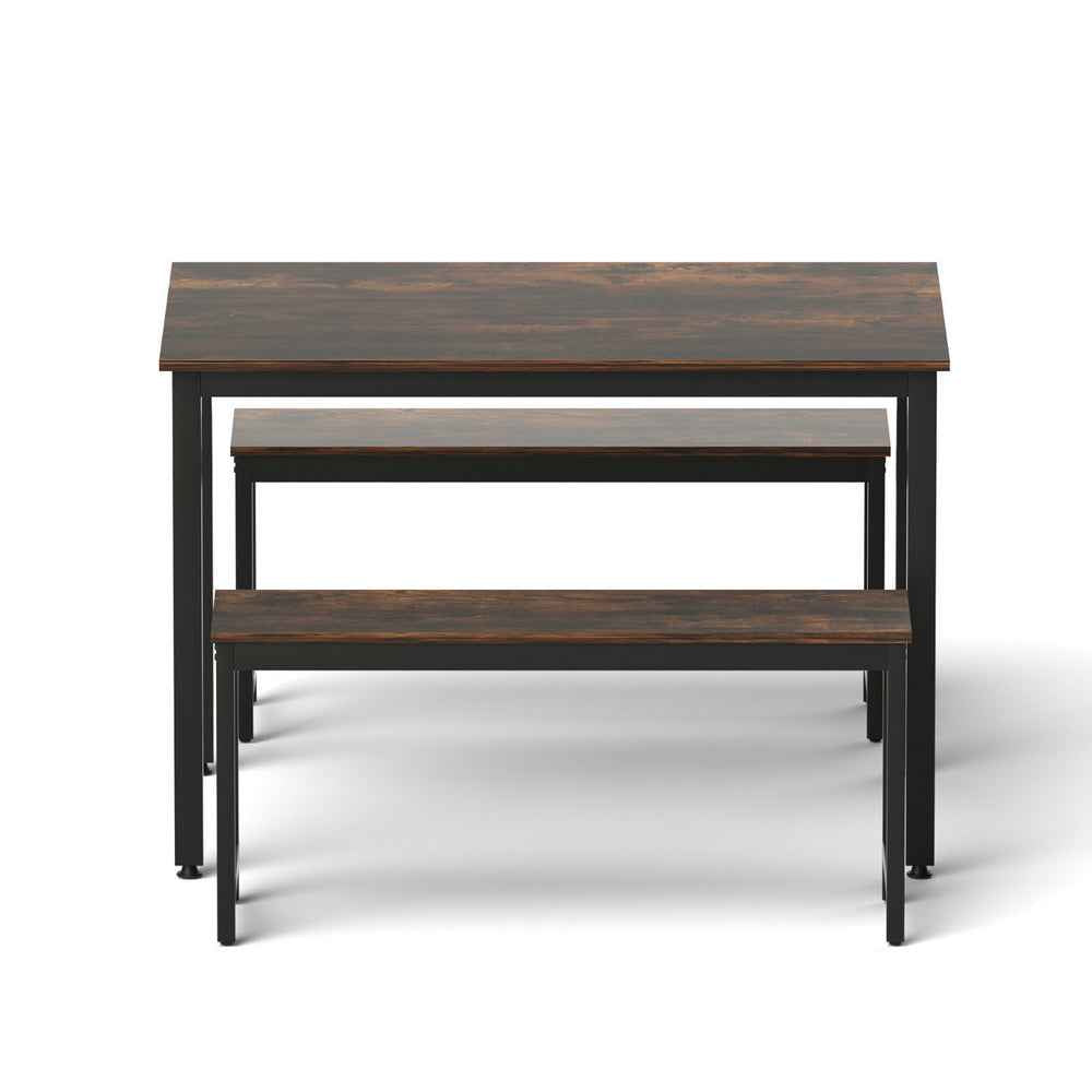 Artiss Dining Table and Chairs Set 3PCS Kitchen Metal Desk Bench Dark Walnut