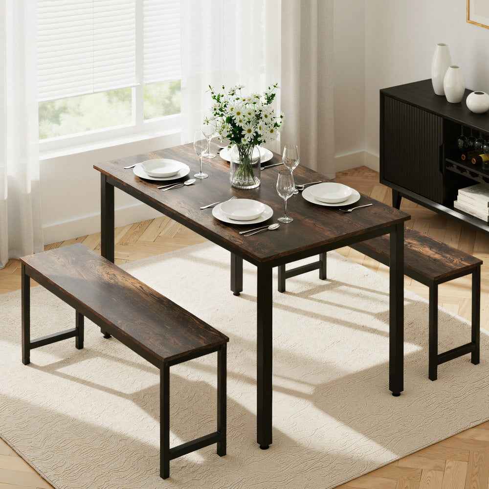 Artiss Dining Table and Chairs Set 3PCS Kitchen Metal Desk Bench Dark Walnut