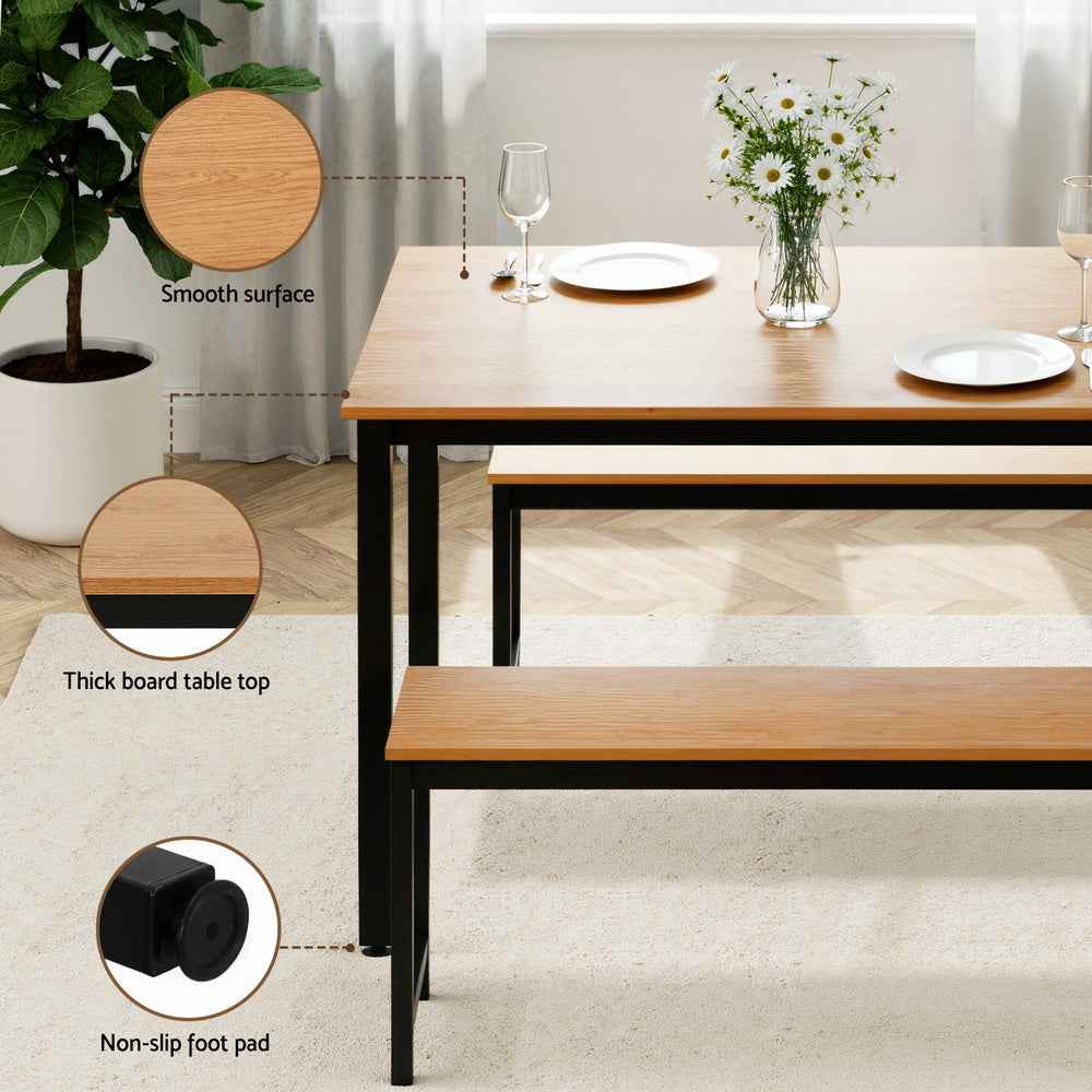 Artiss Dining Table and Chairs Set 3PCS Kitchen Metal Desk Bench Natural Oak