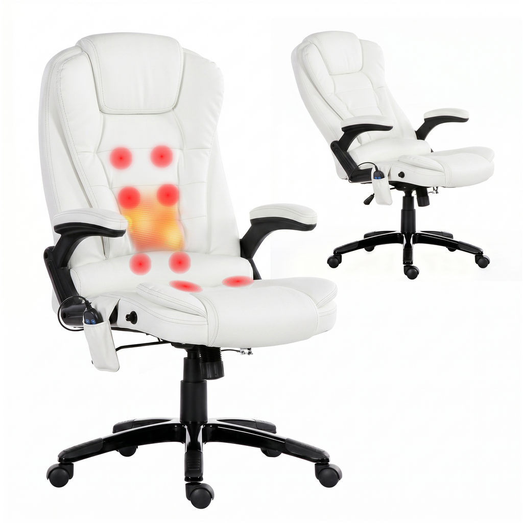 Silla de oficina con masaje de 8 puntos Artiss, asiento reclinable con calefacción, PU, ​​color blanco