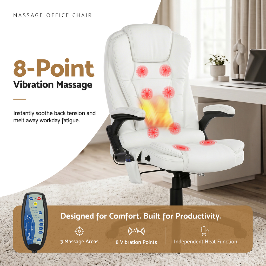 Silla de oficina con masaje de 8 puntos Artiss, asiento reclinable con calefacción, PU, ​​color blanco
