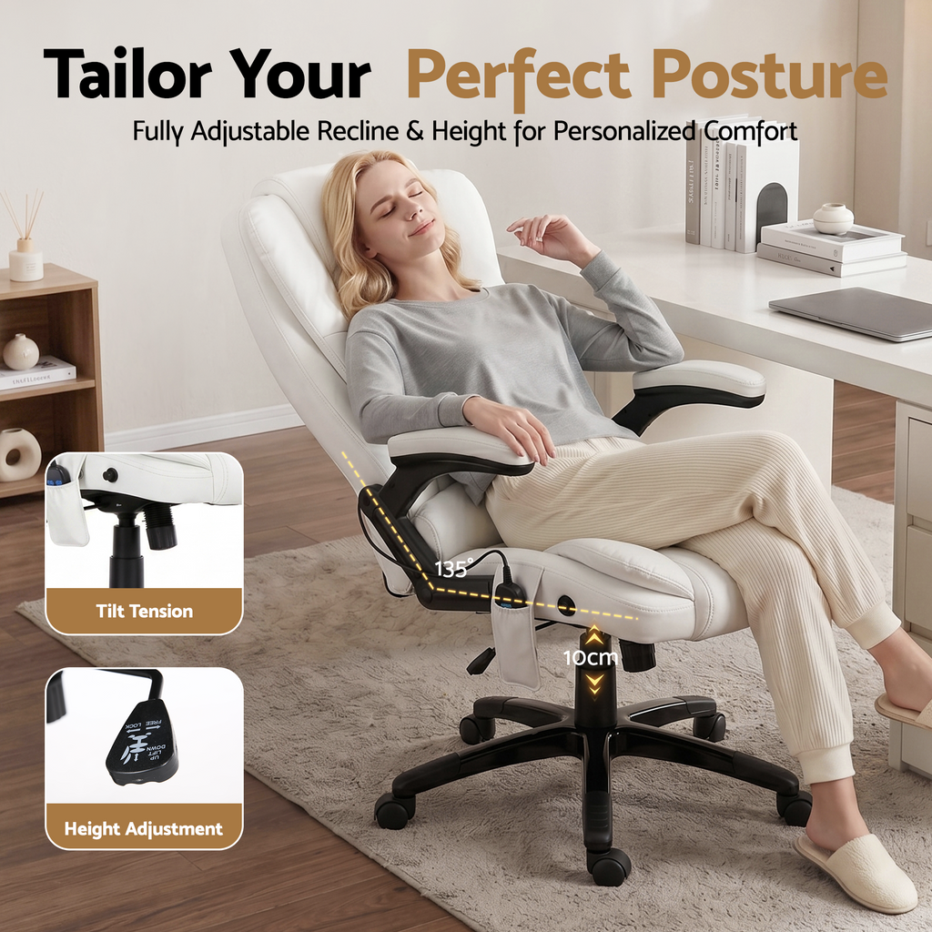 Silla de oficina con masaje de 8 puntos Artiss, asiento reclinable con calefacción, PU, ​​color blanco