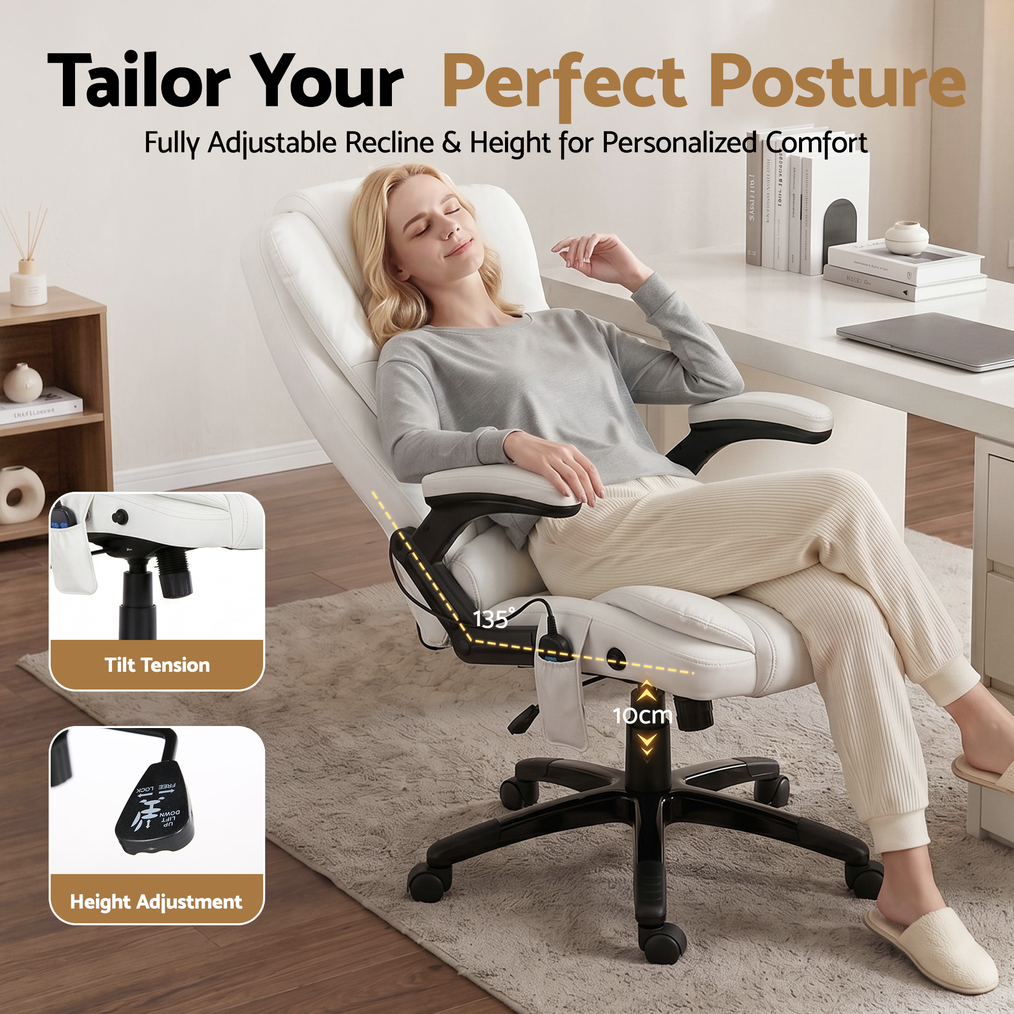 Silla de oficina con masaje de 8 puntos Artiss, asiento reclinable con calefacción, PU, ​​color blanco