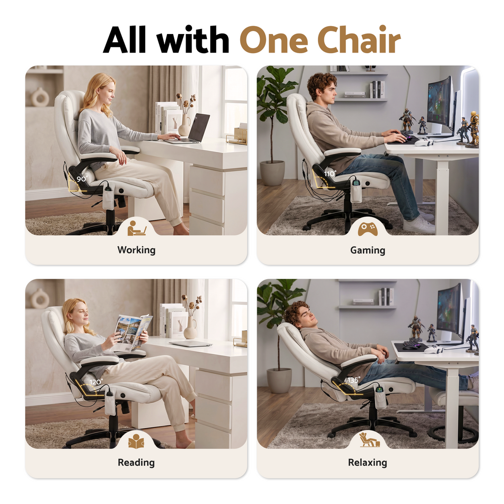 Silla de oficina con masaje de 8 puntos Artiss, asiento reclinable con calefacción, PU, ​​color blanco