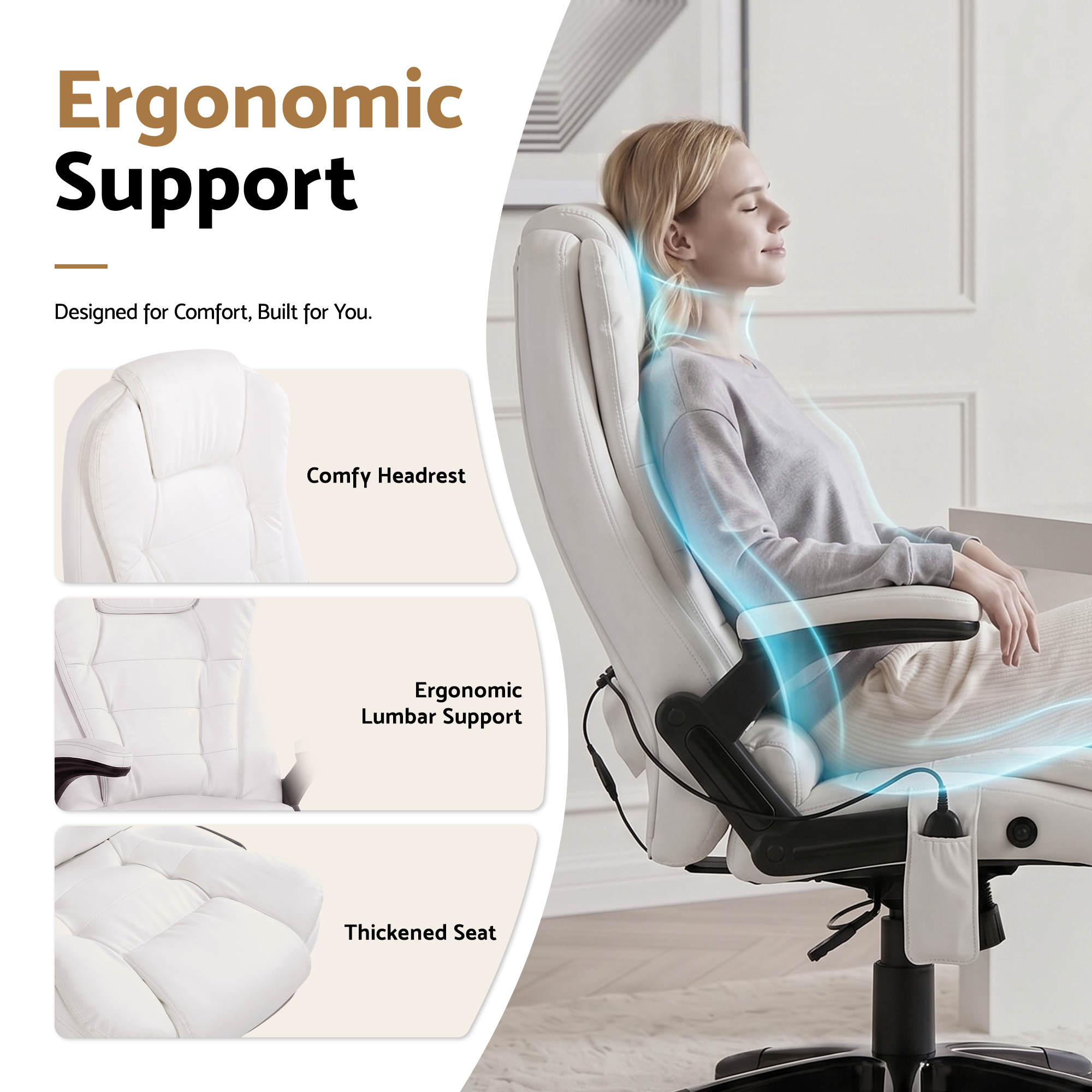 Silla de oficina con masaje de 8 puntos Artiss, asiento reclinable con calefacción, PU, ​​color blanco