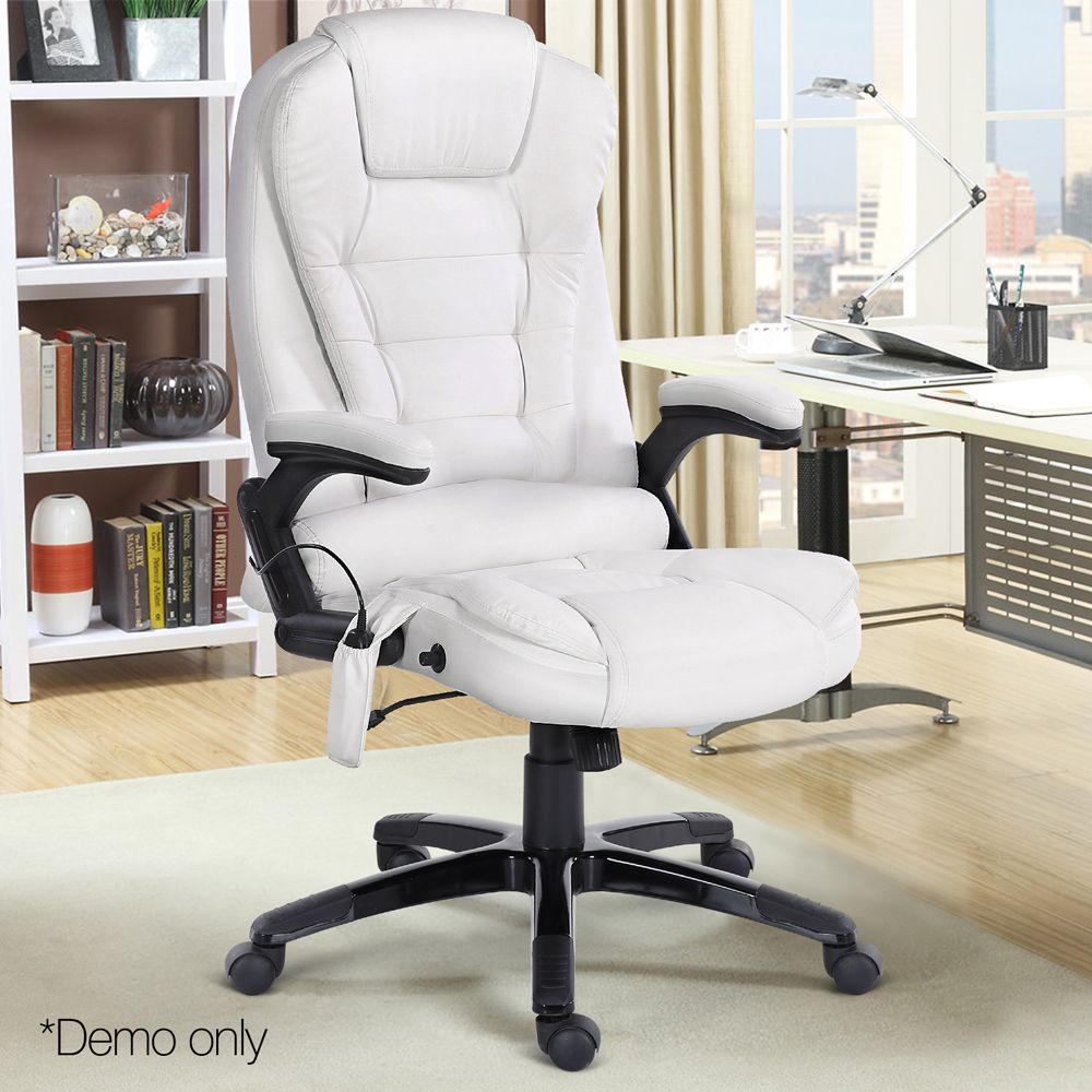 Silla de oficina con masaje de 8 puntos Artiss, asiento reclinable con calefacción, PU, ​​color blanco