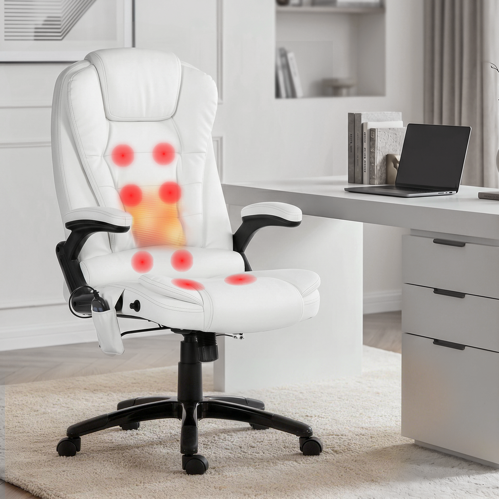 Silla de oficina con masaje de 8 puntos Artiss, asiento reclinable con calefacción, PU, ​​color blanco