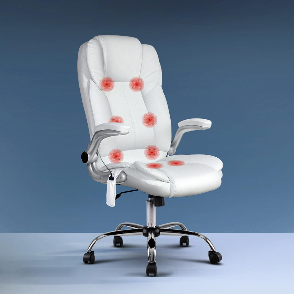 Artiss 8 Point Massage Office Chair PU Leather White - YDS.com.au