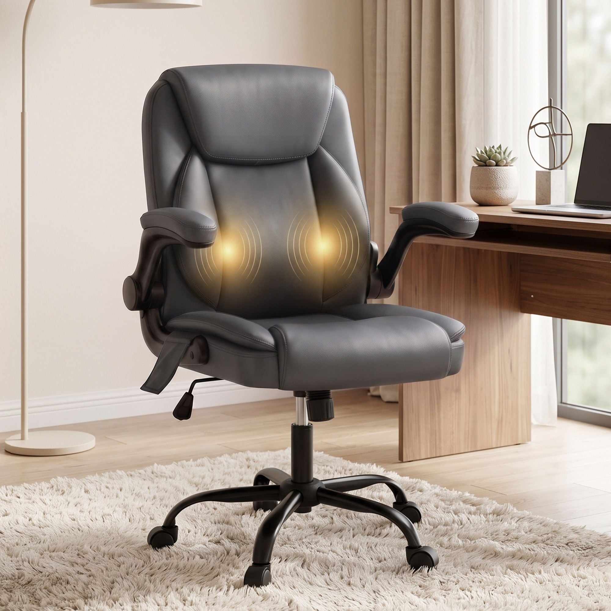 Artiss 2 Point Massage Office Chair Leather Mid Back Grey