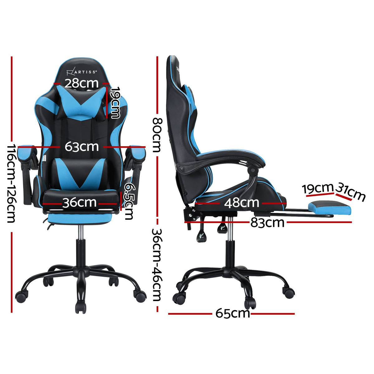Artiss 2 Point Massage Gaming Office Chair Footrest Cyan Blue