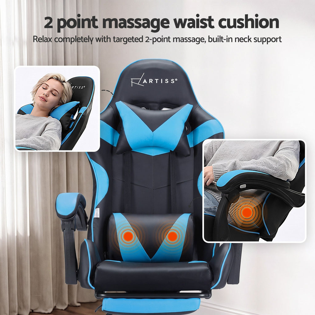 Artiss 2 Point Massage Gaming Office Chair Footrest Cyan Blue