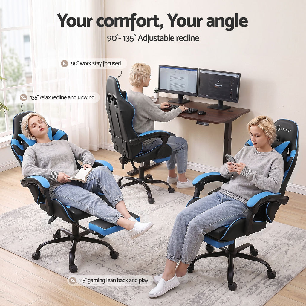 Artiss 2 Point Massage Gaming Office Chair Footrest Cyan Blue
