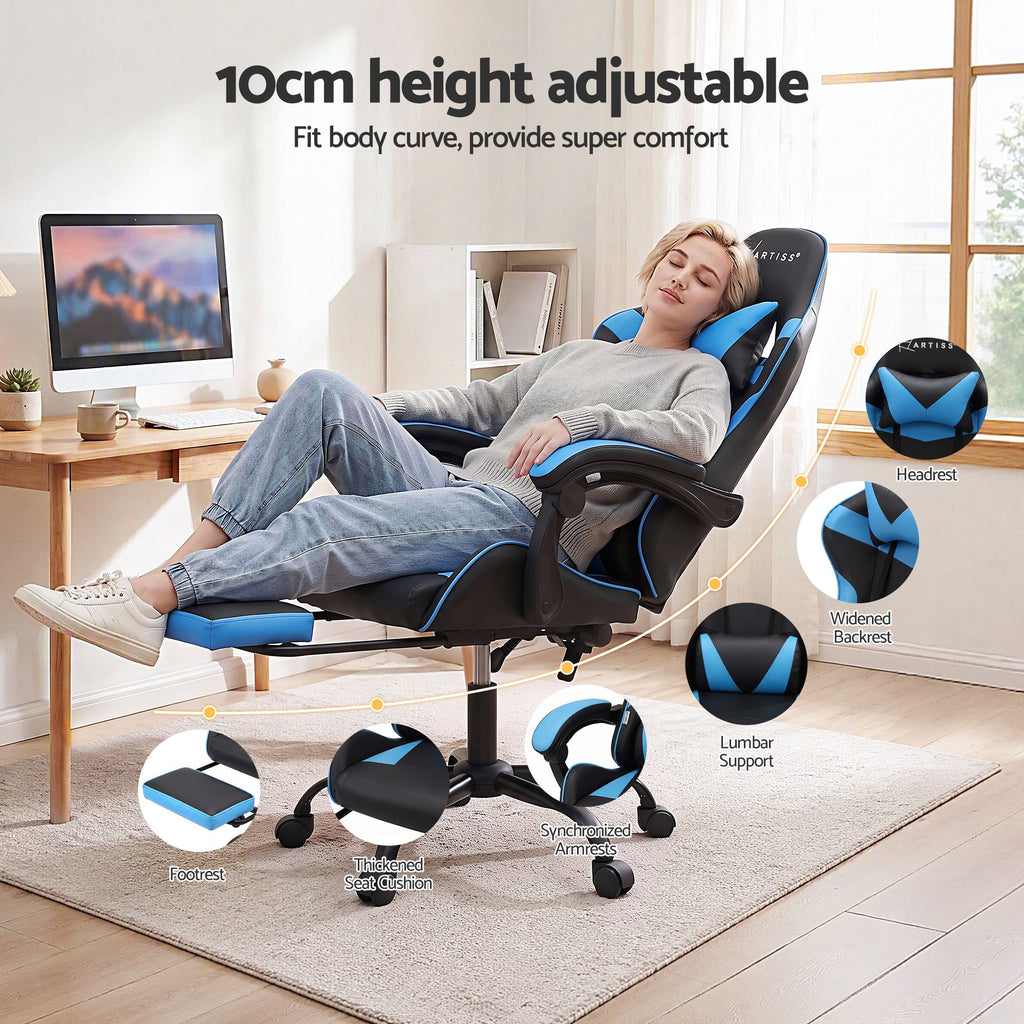 Artiss 2 Point Massage Gaming Office Chair Footrest Cyan Blue