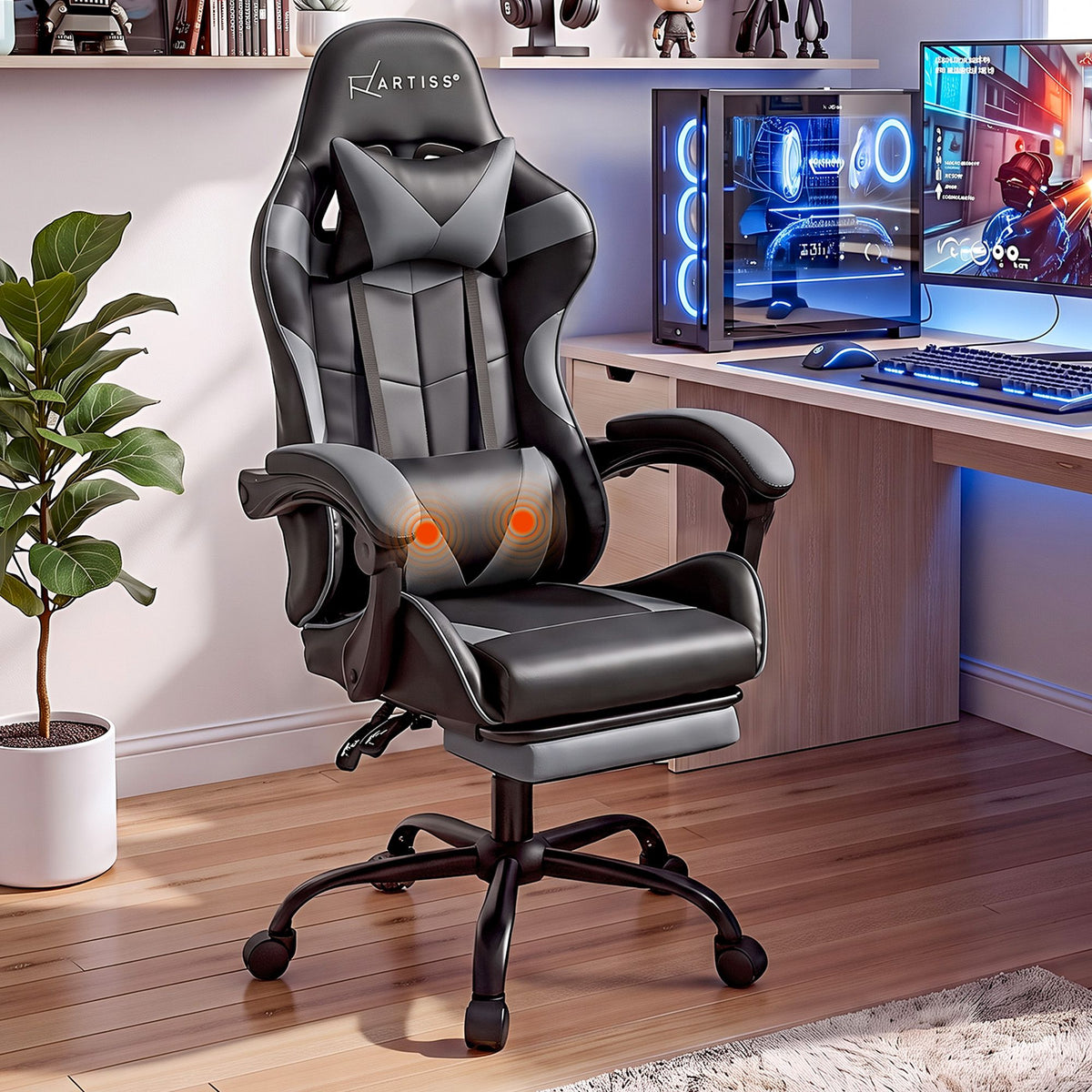 Artiss 2 Point Massage Gaming Office Chair Footrest Grey