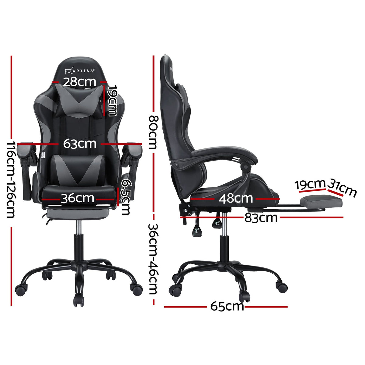 Artiss 2 Point Massage Gaming Office Chair Footrest Grey