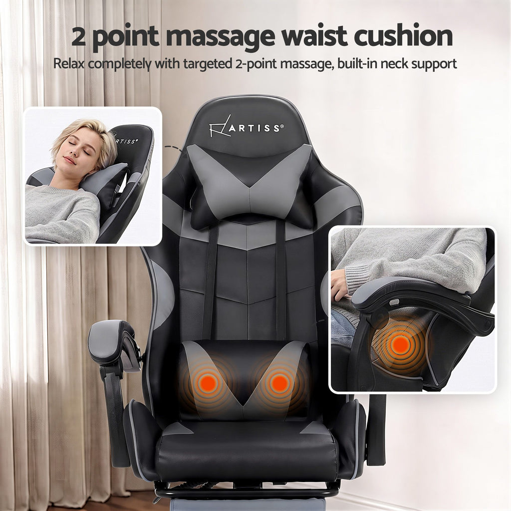Artiss 2 Point Massage Gaming Office Chair Footrest Grey