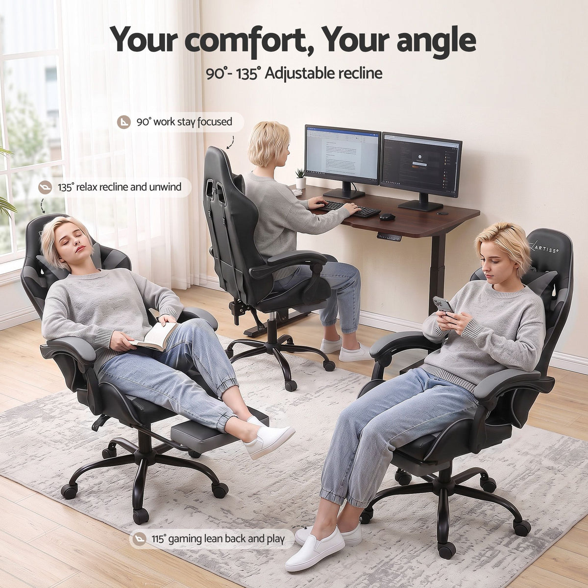 Artiss 2 Point Massage Gaming Office Chair Footrest Grey