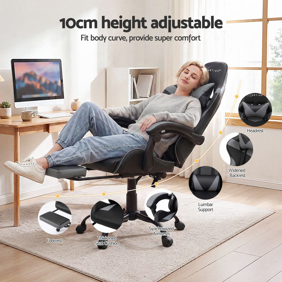 Artiss 2 Point Massage Gaming Office Chair Footrest Grey