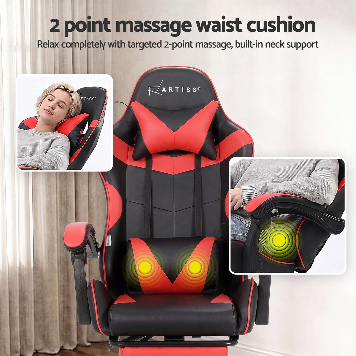 Artiss 2 Point Massage Gaming Office Chair Footrest Red