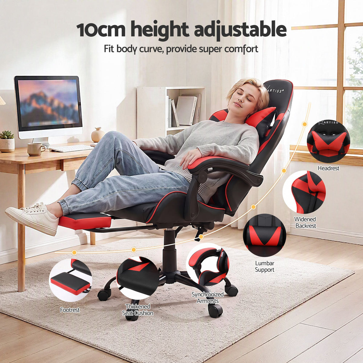 Artiss 2 Point Massage Gaming Office Chair Footrest Red