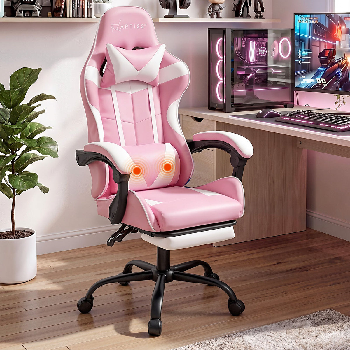 Artiss 2 Point Massage Gaming Office Chair Footrest Pink
