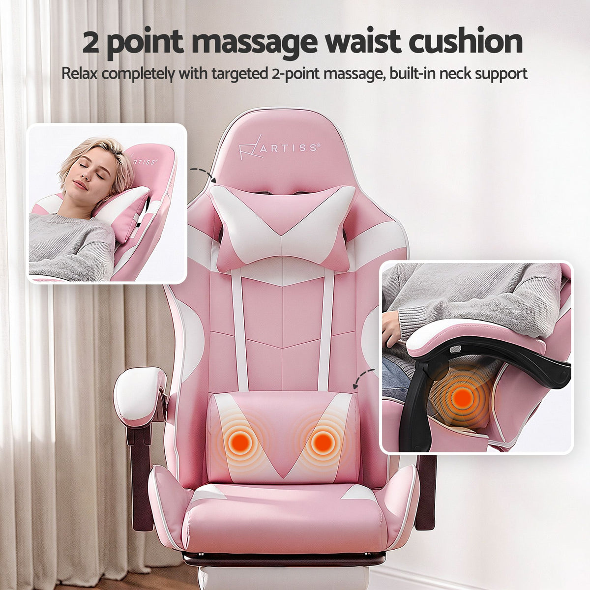 Artiss 2 Point Massage Gaming Office Chair Footrest Pink