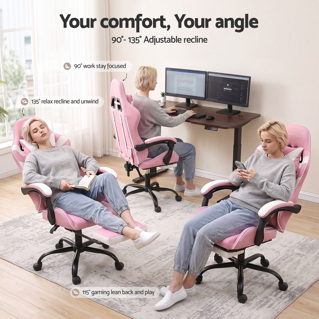 Artiss 2 Point Massage Gaming Office Chair Footrest Pink