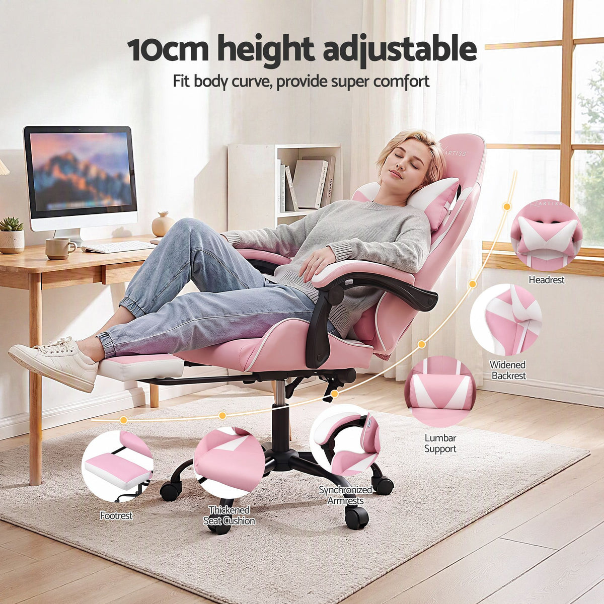 Artiss 2 Point Massage Gaming Office Chair Footrest Pink