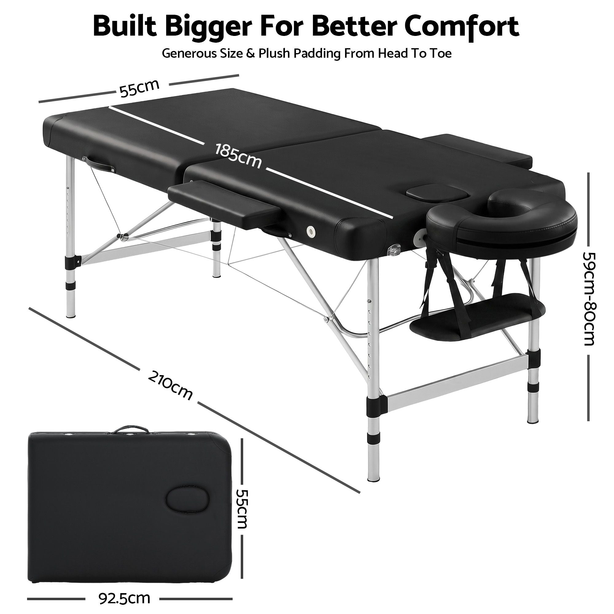 Zenses Massage Table 55cm 2 Fold Aluminium Massage Bed Portable Beauty Therapy Black