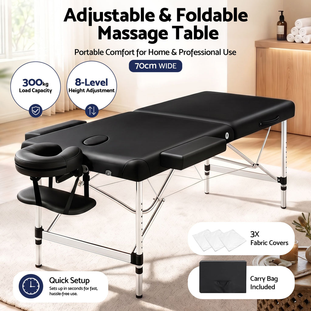 Zenses Massage Table 70cm 2 Fold Aluminium Massage Bed Portable Beauty Therapy Black