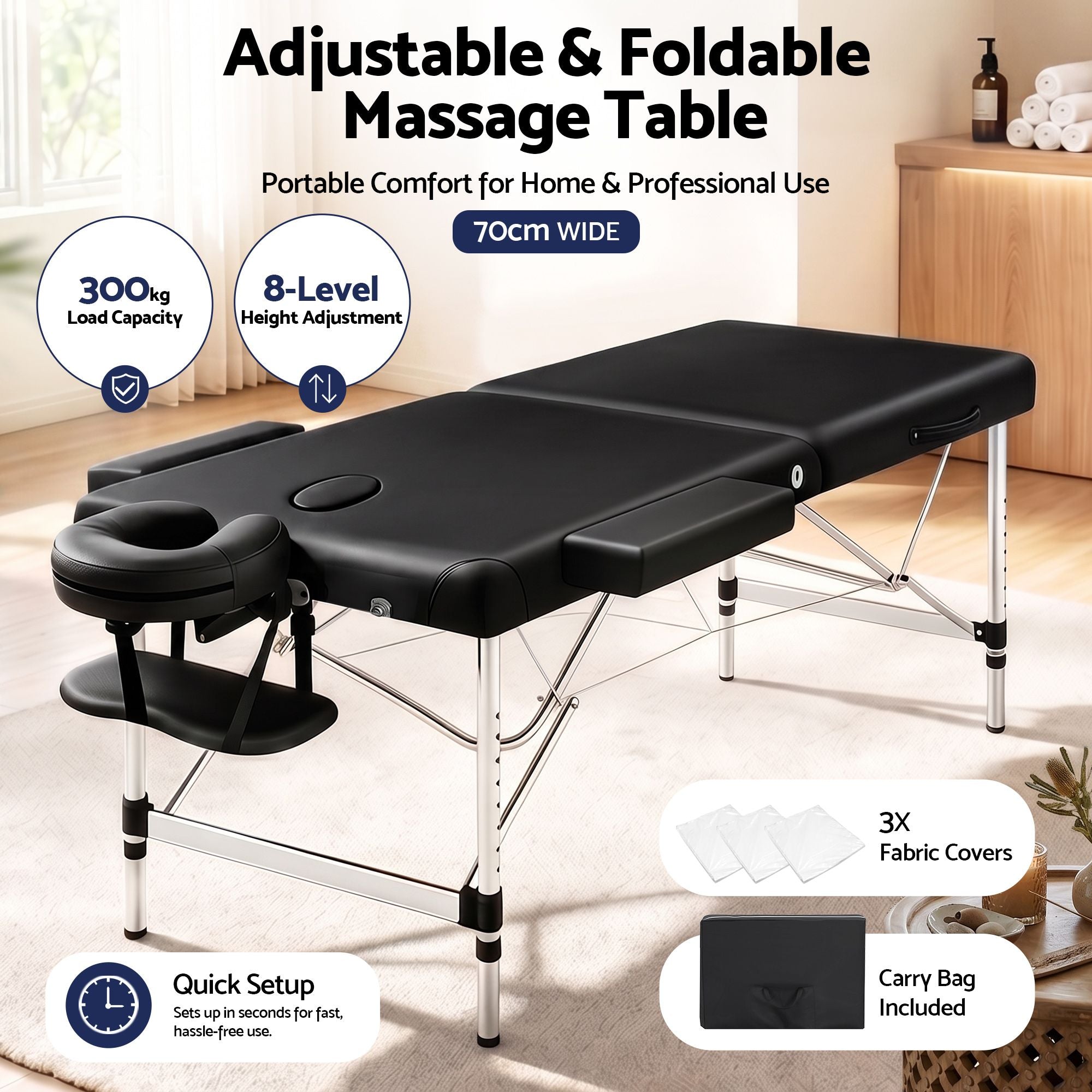 Zenses Massage Table 70cm 2 Fold Aluminium Massage Bed Portable Beauty Therapy Black