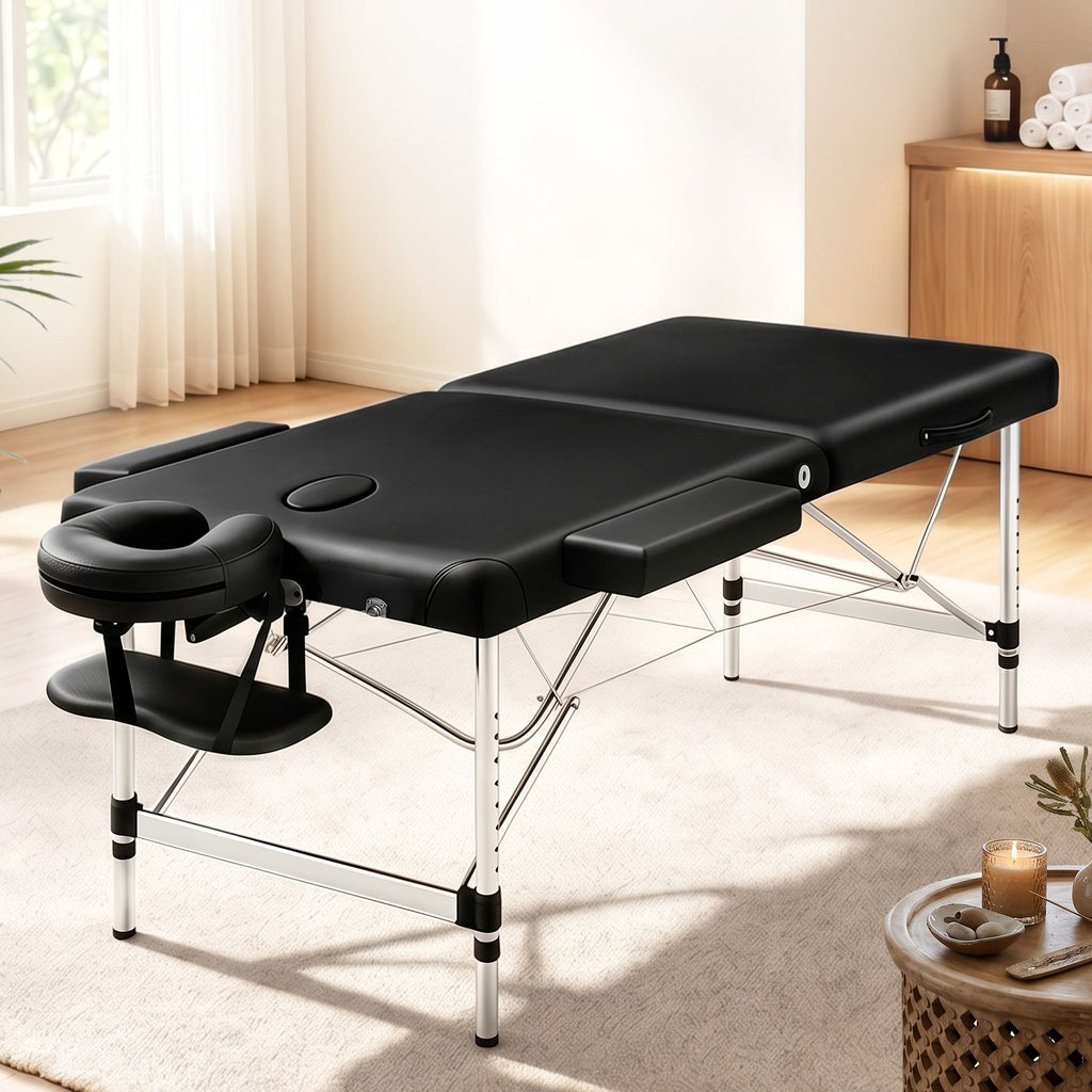Zenses Massage Table 75cm 2 Fold Aluminium Massage Bed Portable Beauty Therapy Black