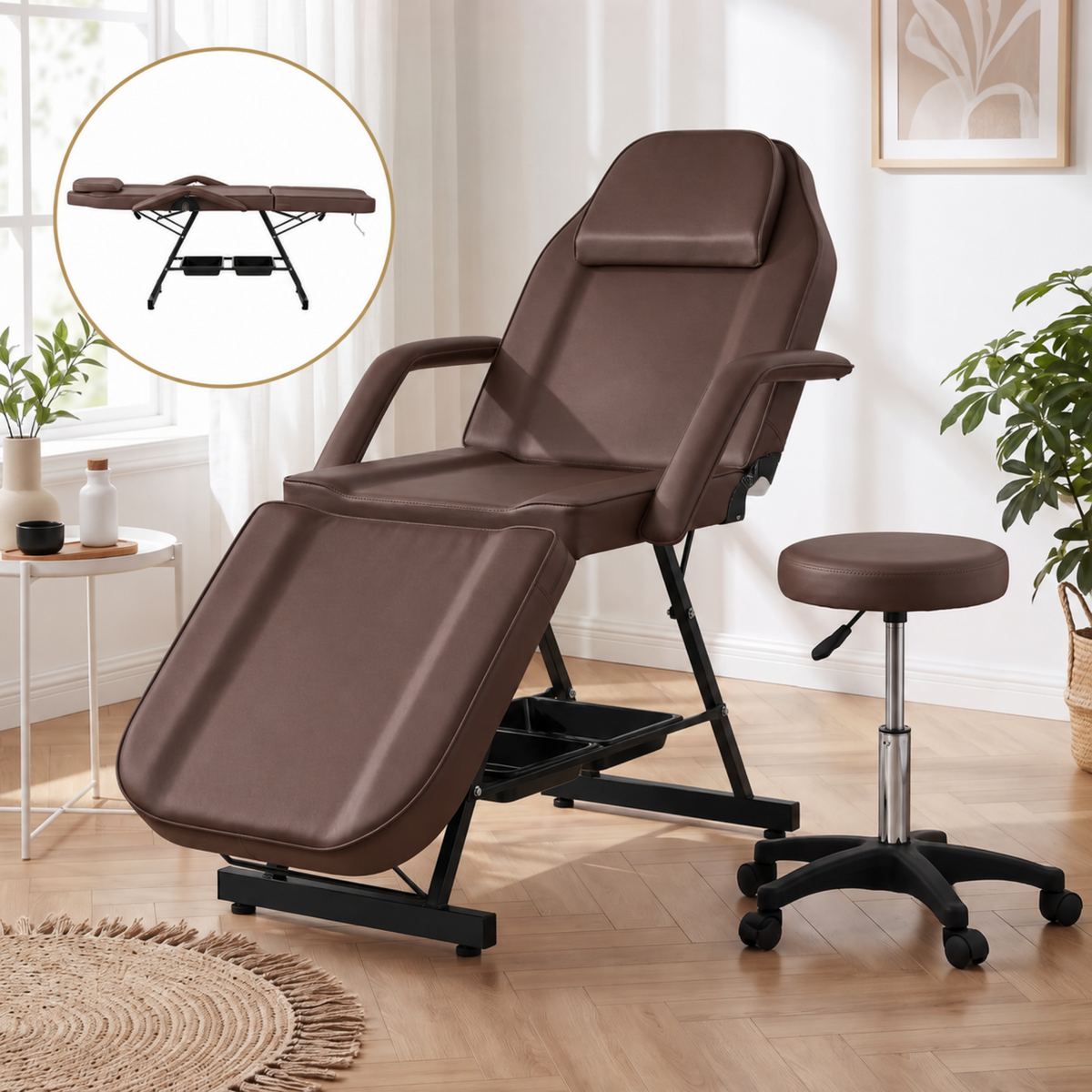 Zenses Beauty Bed with Stool, Brown, Adjustable Facial Massage Table, Tattoo Chair, Salon Services