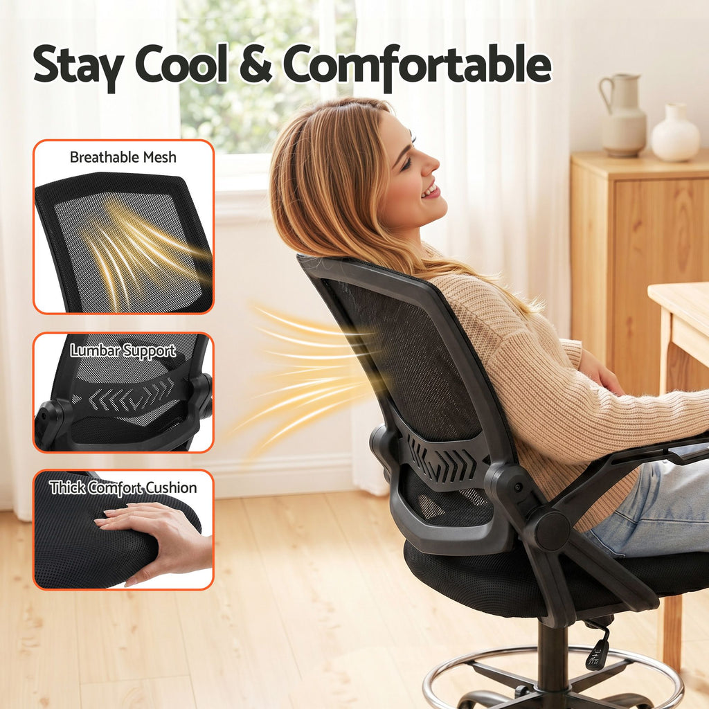 Silla de oficina Artiss Taburete de dibujo Sillas de malla Negro