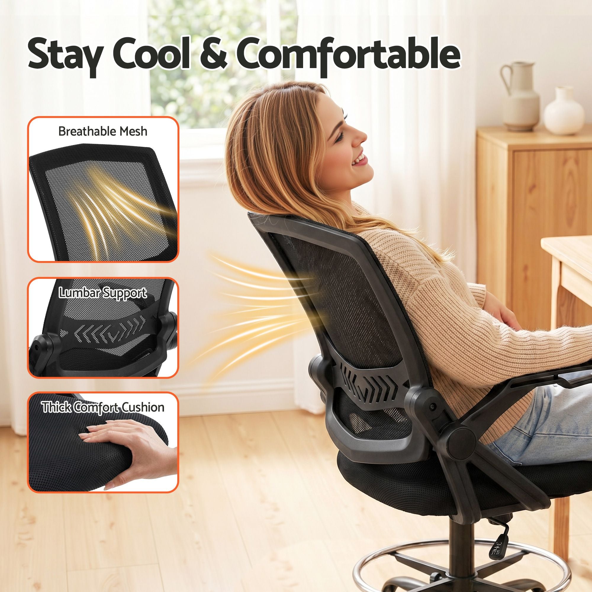 Silla de oficina Artiss Taburete de dibujo Sillas de malla Negro