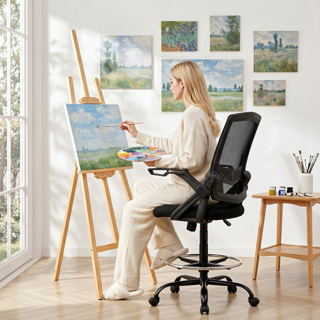 Silla de oficina Artiss Taburete de dibujo Sillas de malla Negro